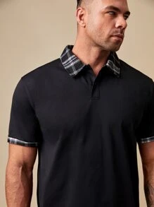 GENTILAND Men Plus Plaid Polo Shirt - Black - View 5