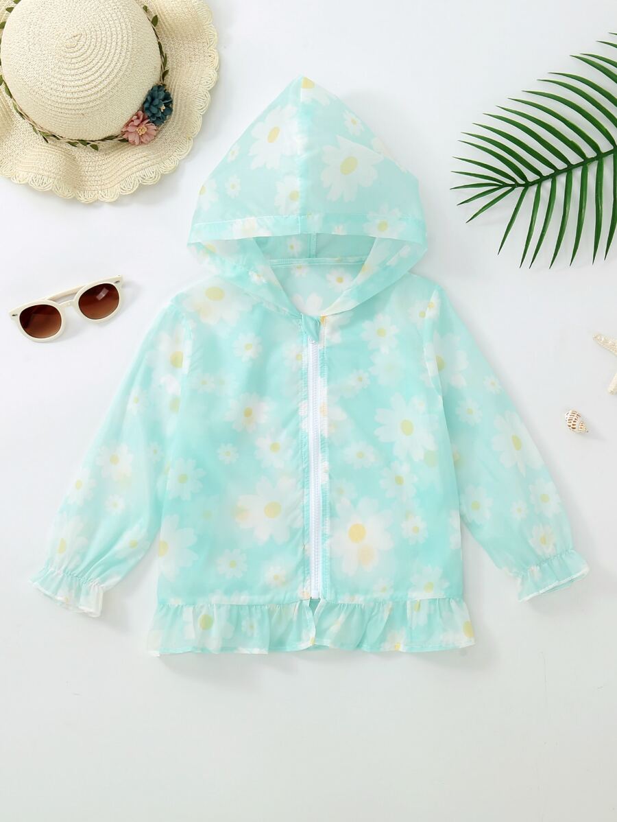 Toddler Girls Floral Print Ruffle Hem Zip Front Hooded Kimono - Mint Green - View 1