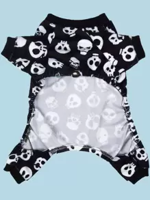 Cute Bone Dark Skull Print Pet Four-Legged Pajamas, Autumn And Winter Warm Dog And Cat Pajamas, Daily Home Wear, Halloween Cool And Cute Pet Home Clothing