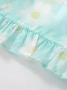 Toddler Girls Floral Print Ruffle Hem Zip Front Hooded Kimono - Mint Green - View 4