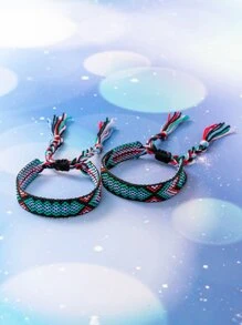 Chicas 2 piezas Pulsera con patrón geométrico con diseño de fleco - Multicolor - Ver 1