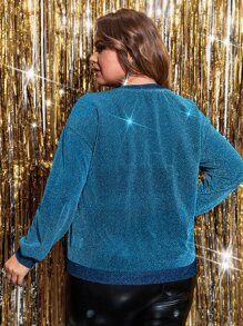 SHEIN Privé Plus Glitter Drop Shoulder Semi-sheer Sweatshirt Without Bra - Dusty Blue - View 2