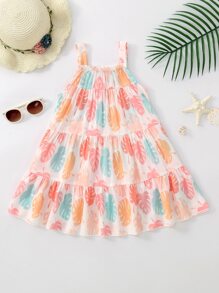 SHEIN Young Girl Leaf Print Ruffle Hem Cami Cover Up - Multicolor - View 2