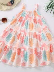 SHEIN Young Girl Leaf Print Ruffle Hem Cami Cover Up - Multicolor - View 5