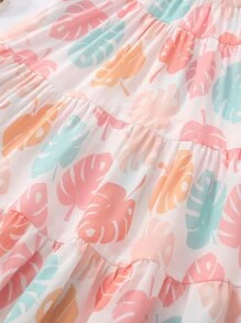 SHEIN Young Girl Leaf Print Ruffle Hem Cami Cover Up - Multicolor - View 6