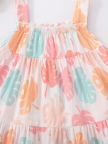 SHEIN Young Girl Leaf Print Ruffle Hem Cami Cover Up - Multicolor - View 8