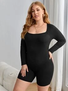 SHEIN Essnce 大碼方領條紋針織彈力緊身連體短褲 - 黑色 - 查看 3