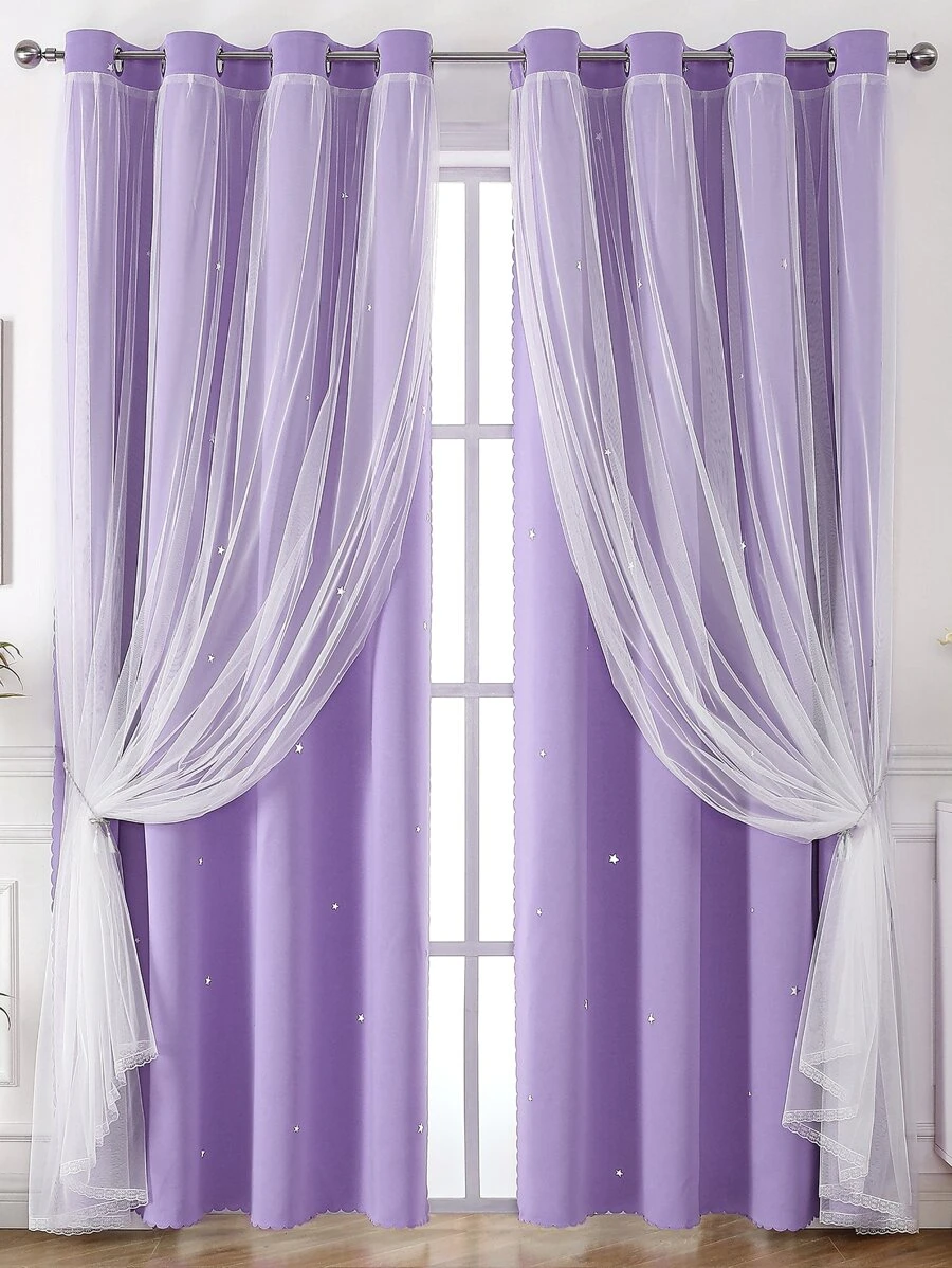 1pc Star Cutout Polyester Blackout Curtain With Lace For Girls' Room Decor - Mauve Purple - View 1