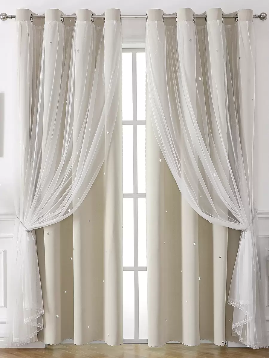 1pc Star Cutout Polyester Blackout Curtain With Lace Sheer Princess Style Double-Layered Light Blocking Window Treatment - Beige - View 1