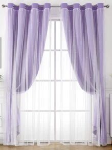 1pc Star Cutout Polyester Blackout Curtain With Lace For Girls' Room Decor - Mauve Purple - View 3