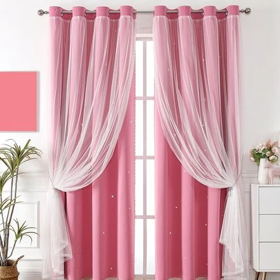 1pc Star Shaped Hollow Polyester Curtains, Darkening Curtains With Lace Sheers, Girls' Princess Style Double-Layered Blackout Curtains