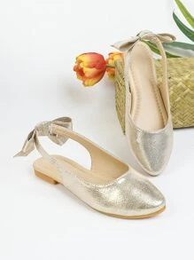 Girls Metallic Bow Decor Slingback Flats - Gold - View 6
