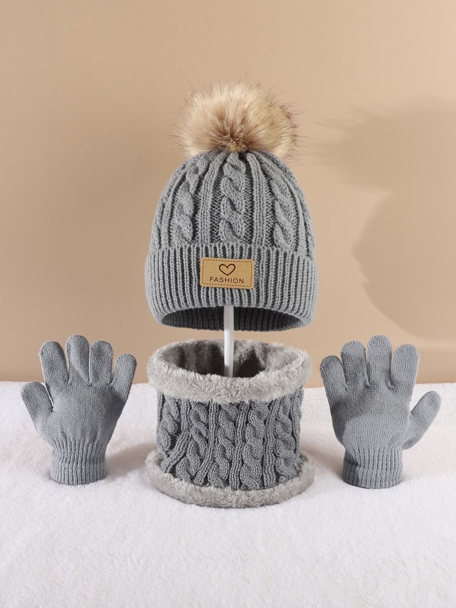 幼童絨球裝飾豆豆帽和圍脖和手套 - 灰色 - 查看 1