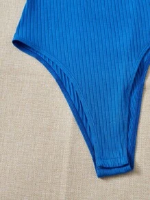 SHEIN EZwear Embroidery Letter Rib-knit Ringer Bodysuit - Blue - View 2