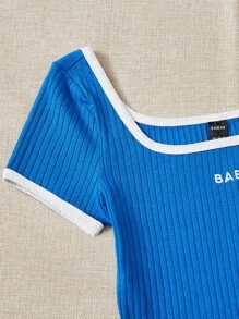 SHEIN EZwear Embroidery Letter Rib-knit Ringer Bodysuit - Blue - View 3