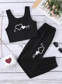 SHEIN Girls Heart & Letter Graphic Tank Top & Joggers - Black - View 1