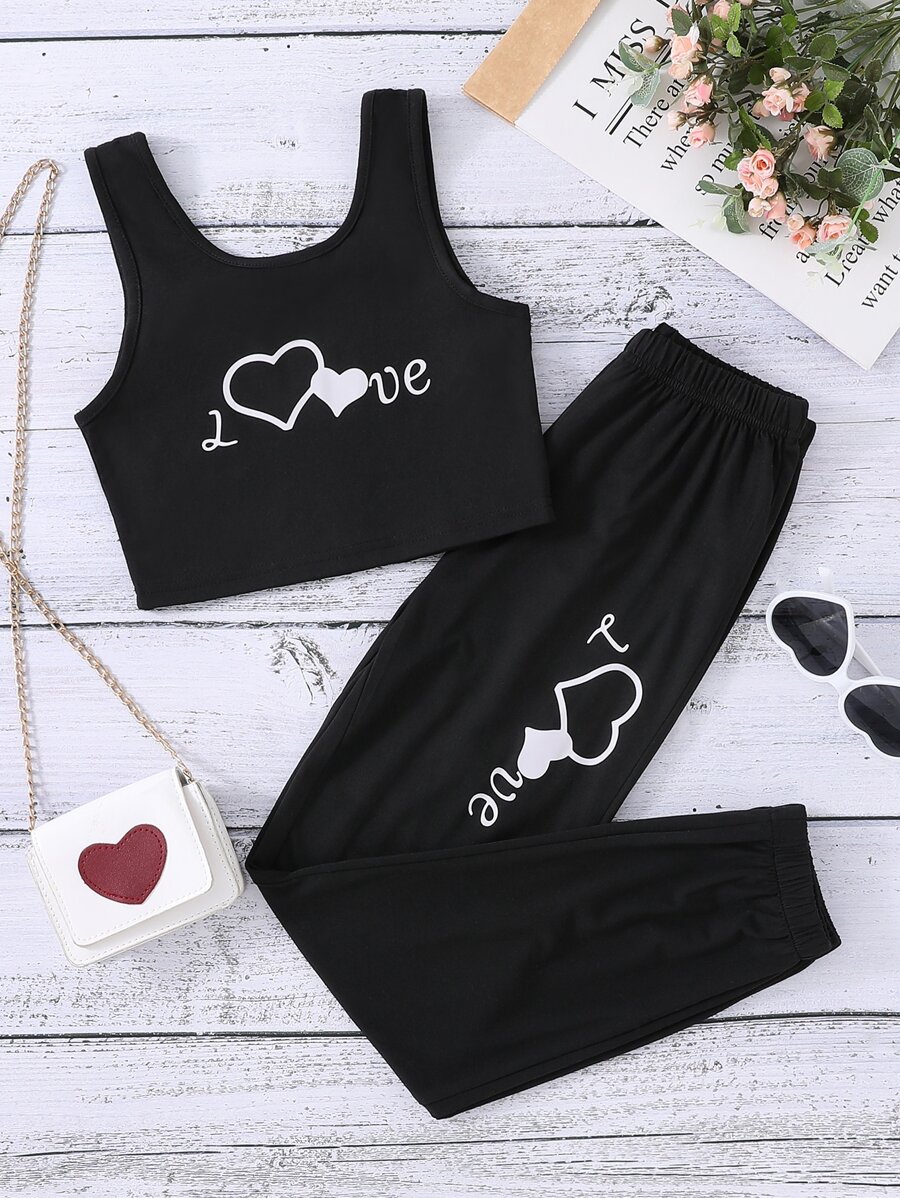 SHEIN Girls Heart & Letter Graphic Tank Top & Joggers - Black - View 1