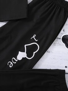 SHEIN Girls Heart & Letter Graphic Tank Top & Joggers - Black - View 3