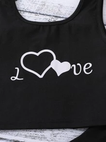 SHEIN Girls Heart & Letter Graphic Tank Top & Joggers - Black - View 4