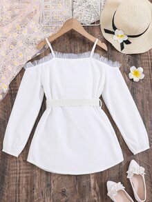 Girls Cold Shoulder Contrast Mesh Frill Trim Belted Blouse - White - View 2