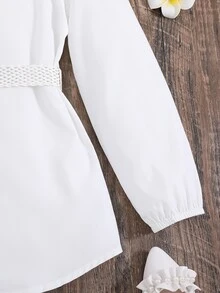 Girls Cold Shoulder Contrast Mesh Frill Trim Belted Blouse - White - View 5