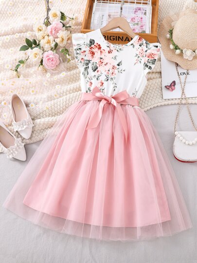 SHEIN Tween Girl Floral Print Ruffle Trim Mesh Hem Belted Dress