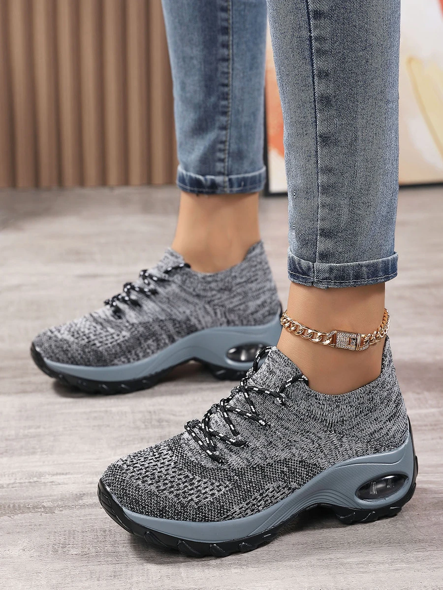 Women Colorblock Lace-Up Front Sneakers, Perfect For Golf Round Toe Low-Top Running Shoes - Grey - View 1