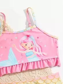 Conjunto de bikini con volantes con estampado de escamas de pez y sirena para niña, verano playa - Rosa - Ver 3