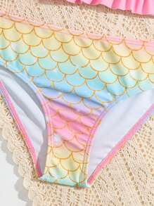 Conjunto de bikini con volantes con estampado de escamas de pez y sirena para niña, verano playa - Rosa - Ver 4