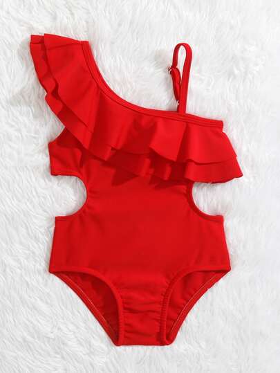 Baby Girls' Cute Red Double Layered Ruffle One-Piece Swimsuit With Adjustable Straps For Vacation In Summer