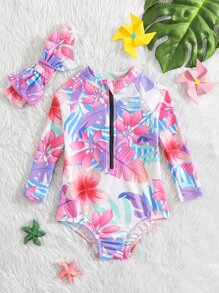 Baby Tropical Print Zipper Front One Piece Swimsuit With Headband - Multicolor - View 1