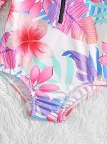 Baby Tropical Print Zipper Front One Piece Swimsuit With Headband - Multicolor - View 3