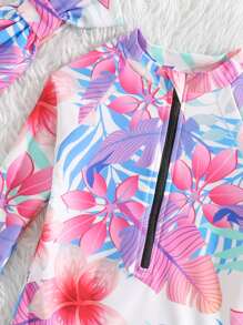Baby Tropical Print Zipper Front One Piece Swimsuit With Headband - Multicolor - View 4
