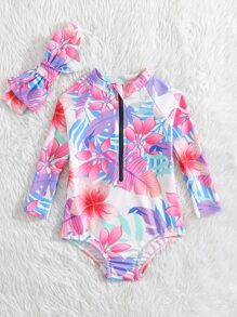 Baby Tropical Print Zipper Front One Piece Swimsuit With Headband - Multicolor - View 5
