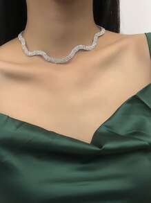 1 pieza collar de decoración de diamantes de imitación, joyería de cobre - Plateado - Ver 1