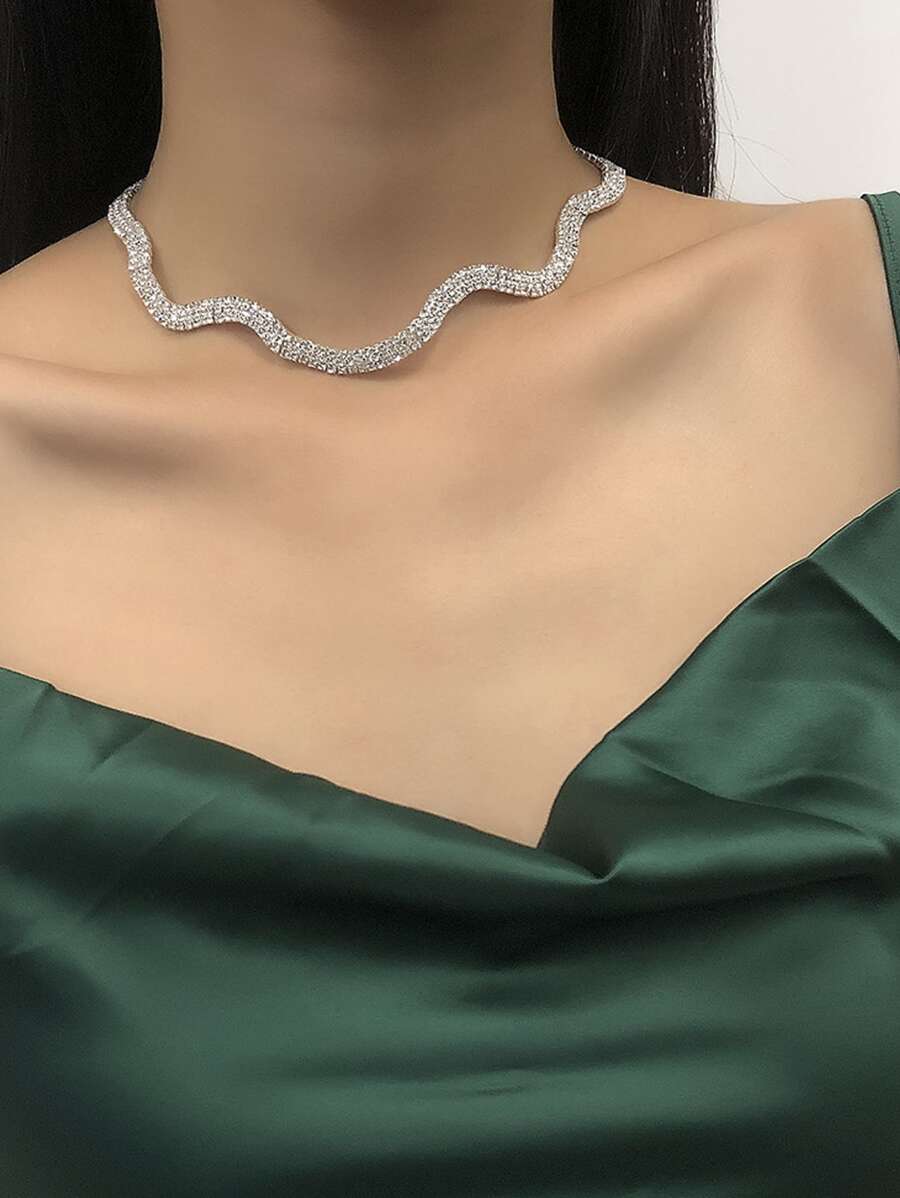 1 pieza collar de decoración de diamantes de imitación, joyería de cobre - Plateado - Ver 1