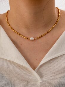 1 件仿珍珠装饰项链，不锈钢首饰 - 金黃色 - 查看 1