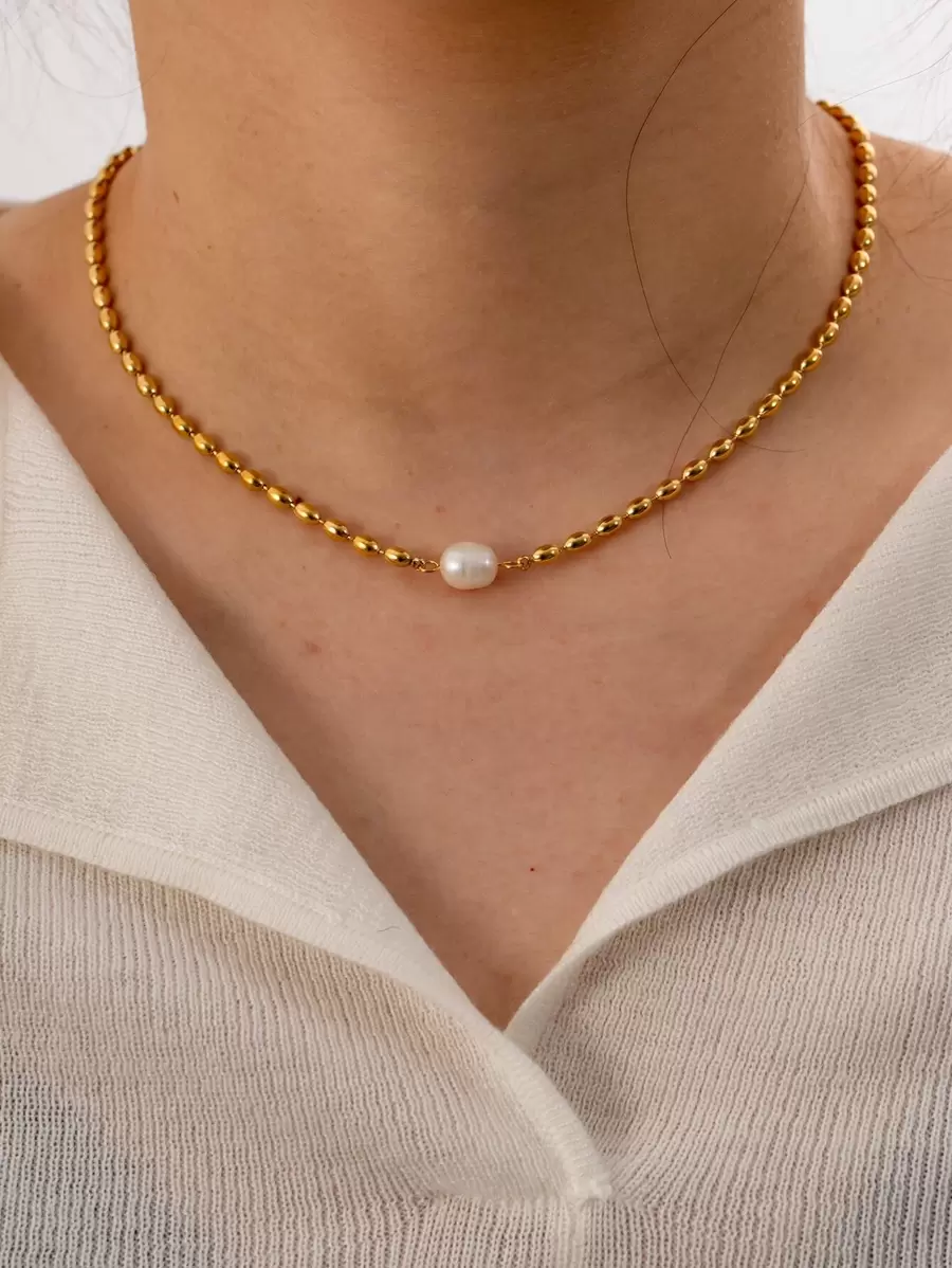 1 件仿珍珠装饰项链，不锈钢首饰 - 金黃色 - 查看 1