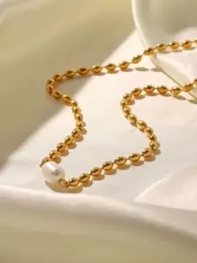 1 件仿珍珠装饰项链，不锈钢首饰 - 金黃色 - 查看 3