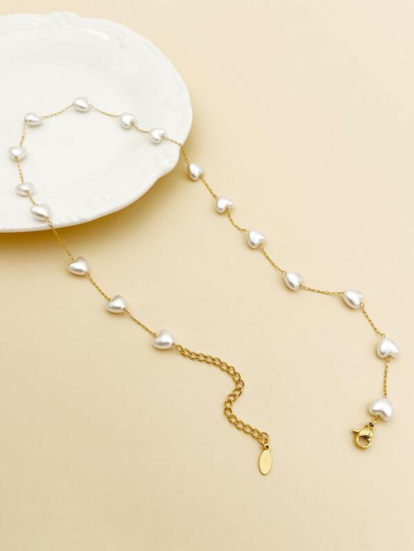 Heart Faux Pearl Decor Necklace SHEIN USA