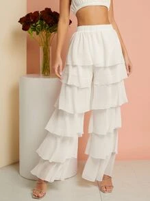 Hauture Elegant Solid Layered Ruffle Wide Leg Pants - White - View 1