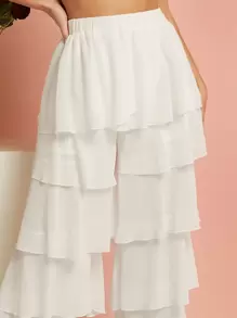 Hauture Elegant Solid Layered Ruffle Wide Leg Pants - White - View 3