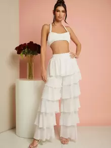 Hauture Elegant Solid Layered Ruffle Wide Leg Pants - White - View 5