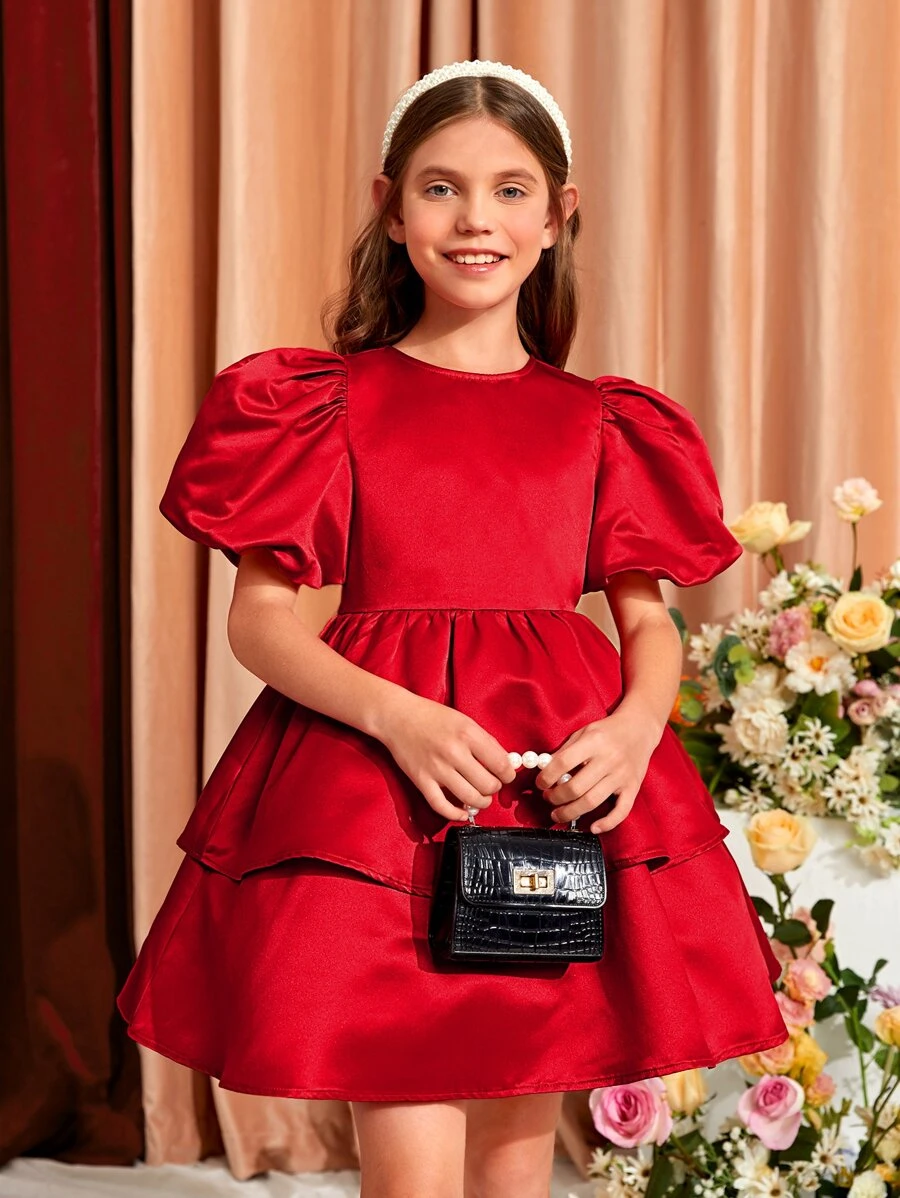 SHEIN Tween Girl Puff Sleeve Big Bow Back Two Layer Hem Dress - Red - View 1