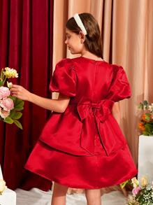 SHEIN Tween Girl Puff Sleeve Big Bow Back Two Layer Hem Dress - Red - View 2