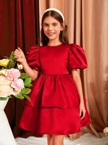 SHEIN Tween Girl Puff Sleeve Big Bow Back Two Layer Hem Dress - Red - View 3