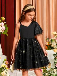 SHEIN Girls Asymmetrical Neck Star Mesh Overlay Dress - Black - View 1