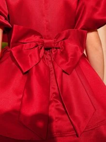 SHEIN Tween Girl Puff Sleeve Big Bow Back Two Layer Hem Dress - Red - View 5