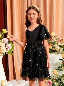 SHEIN Girls Asymmetrical Neck Star Mesh Overlay Dress - Black - View 5