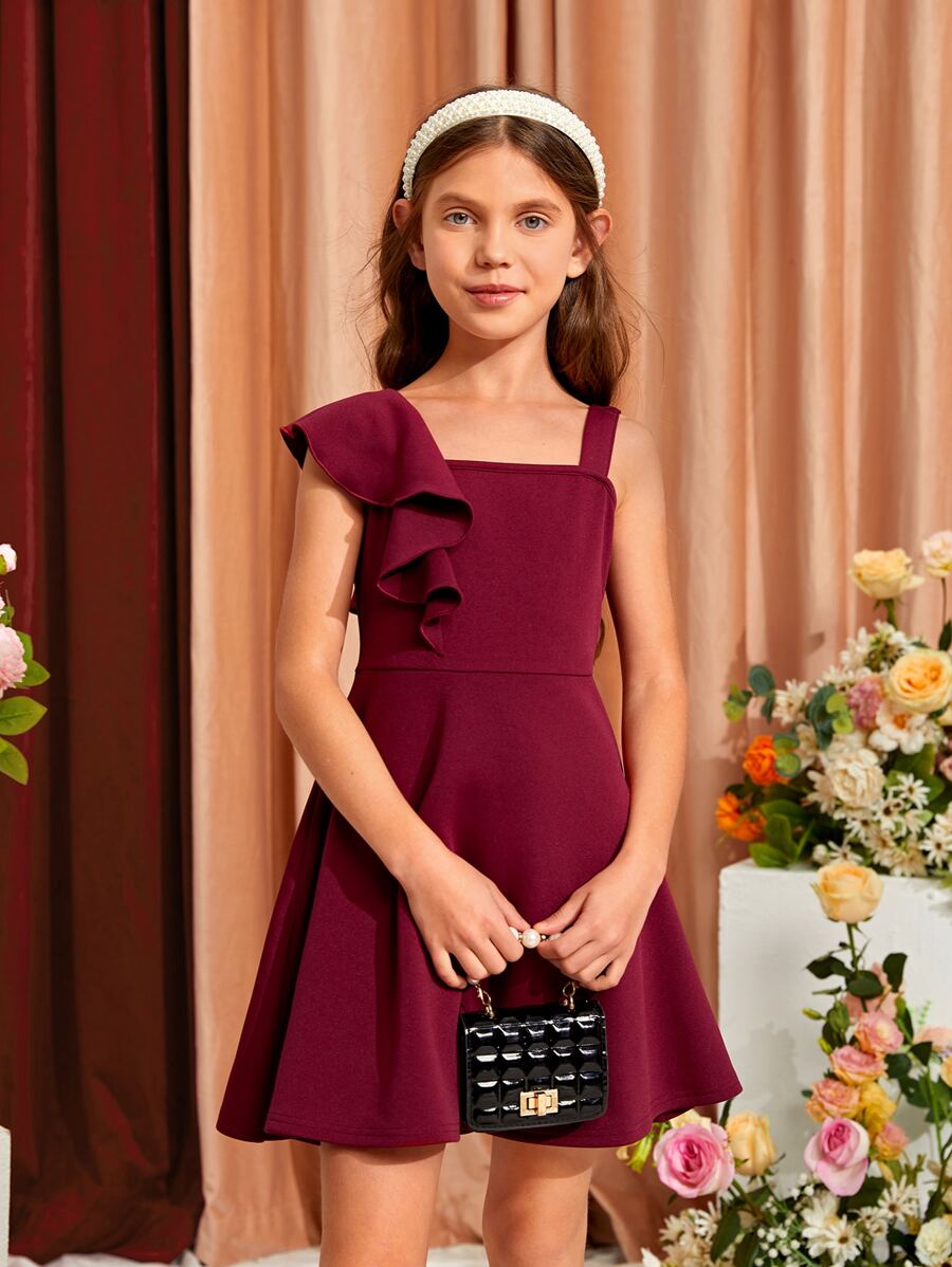 SHEIN 女孩荷葉邊不對稱領連衣裙 - 紫紅色 - 查看 1